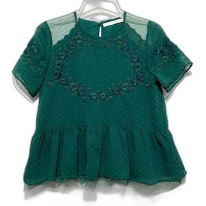Zara Trafaluc Green Embroidered Ruffle Peplum Blouse Top Short Sleeves sz Medium